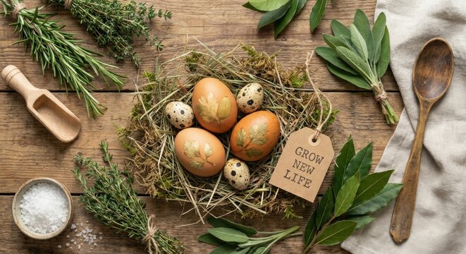 Natural brown and quail eggs, some with leaf prints, nestled in a rustic hay nest with a 'Grow New Life' tag, surrounded by fresh culinary herbs, sea salt, and wooden tools on a textured wooden table