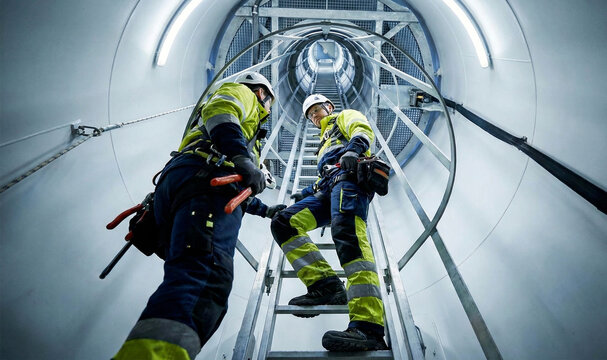 Maintenance Engineers Climbing Ladder Inside Wind Turbine Tower