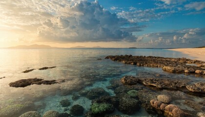 Rocky shoreline with clear turquoise water under dramatic cloudy sky