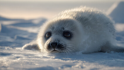 Obraz premium The young seal pup, with white fleece and fluffy fur, is lying down on the snowy ground under a soft pastel sky, capturing a gentle wildlife moment with expressive brown eyes and a peaceful Arctic atm
