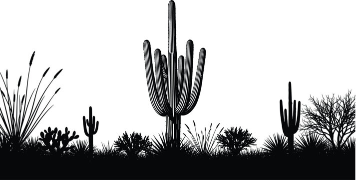 Black and white silhouette vector illustration of a wild desert landscape featuring saguaro cactus, agave, prickly pear, and dry grass.
