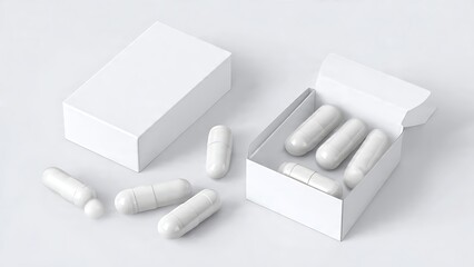 Blank white cardboard box with white medicine capsules, perfect for health and pharmaceutical product concepts