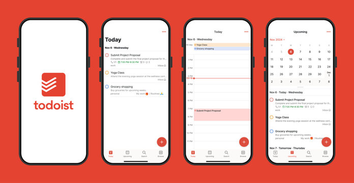 Todoist Task Manager and Productivity App Interface Mockup for Mobile Planning
Todoist To Do List and Calendar Task Management UI Design Template for Todoist App