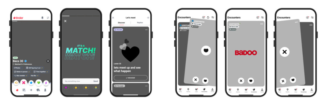 Tinder and Badoo Dating App Interface Mockup for Mobile Match and Profile Screens
Tinder Match Screen and Badoo Encounters UI Design Template for Dating Application
