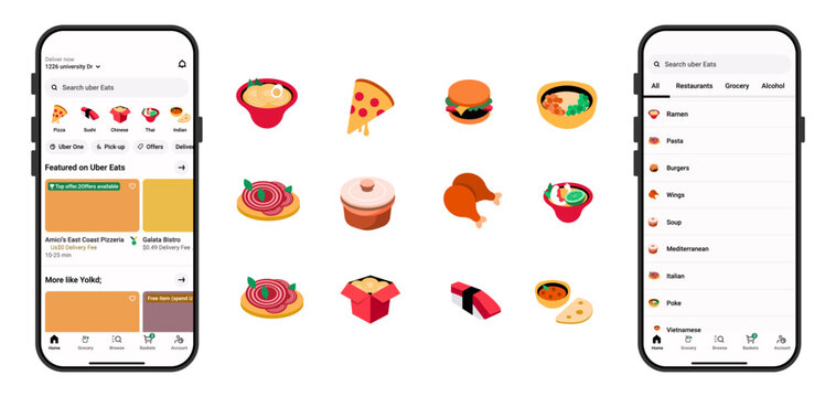 Uber Eats Food Delivery App Interface Mockup with Restaurant and Cuisine Icons
Uber Eats Home Screen and Food Category UI Design Template for Uber Eats Application