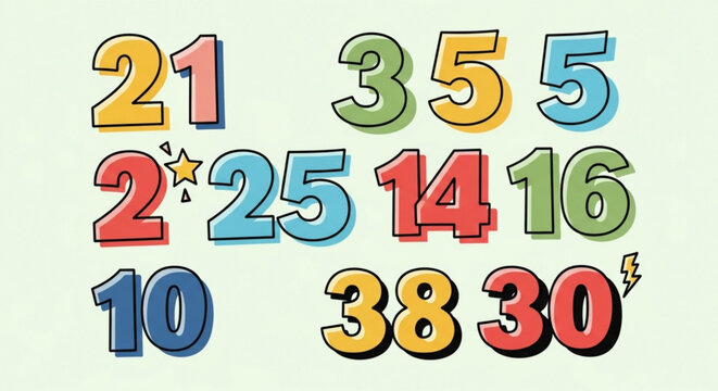 Colorful numbers and star on light green background for education learning and design