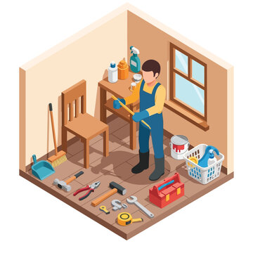 Man in overalls cleaning and organizing a room with various tools and equipment.
