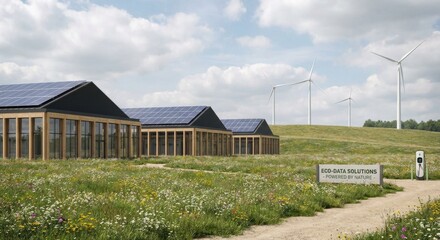 Fototapeta premium Sustainable data center buildings with solar panels and wind turbines stand proudly in a vibrant wildflower meadow under a bright, cloudy sky, showcasing green technology and ecological harmony