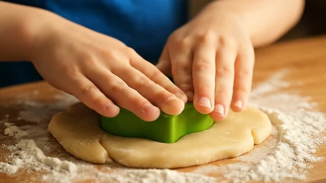 Child hands press a cookie cutter into dough creating a shape