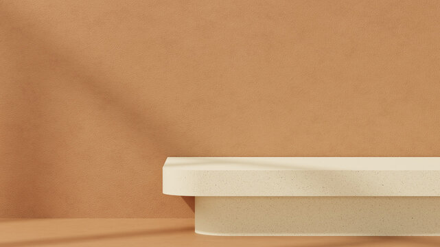 Studio setup 3D render featuring a single beige product display platform against a warm textured background. Designed as a commercial product mockup scene with generous negative space 