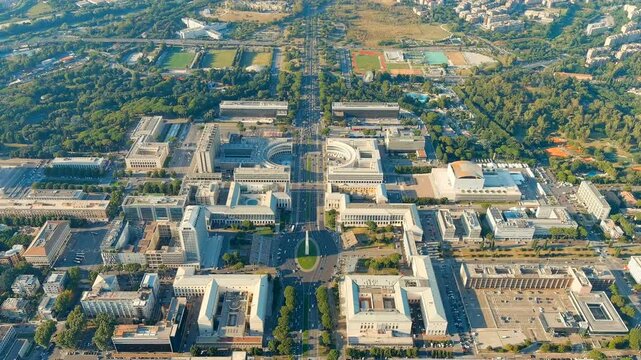Rome, Italy. Piazza Guglielmo Marconi. District EUR - Quarter is a vast complex of buildings built on the orders of dictator Benito Mussolini. Drone footage