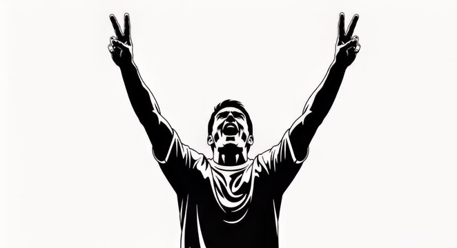 Athlete celebrates victory with raised arms monochrome vector