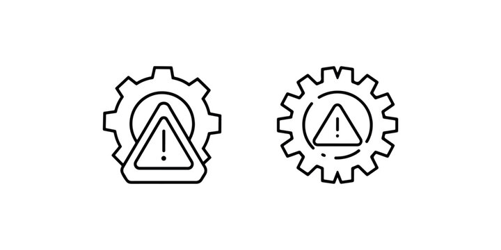 Two black line art icons featuring gears and warning triangles with exclamation marks, symbolizing caution in mechanical systems and industrial processes