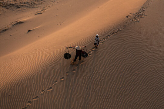 Life of Cham Women and Children on Nam Cuong Sand Dunes at Sunset, Ninh Thuan, Vietnam