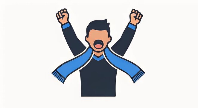 Enthusiastic figure with raised arms and scarf illustration