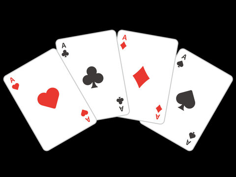 Luxury Four Aces Playing Cards on Black Background: Fanned Out Vector Illustration for High-Stakes Poker, Casino, and Nightlife Design