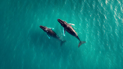 Obraz premium Two whales swimming in blue ocean