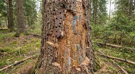 Heavily infested tree trunk with exposed wood, intricate bark beetle patterns, small holes, and blue paint markings, stands in a vibrant green forest