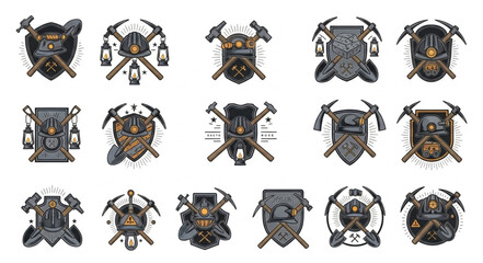 Collection of vintage firefighter emblems with axes and shields, retro design.