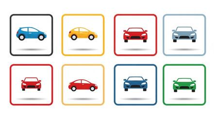 Collection of various colorful car icons in square frames for design elements.