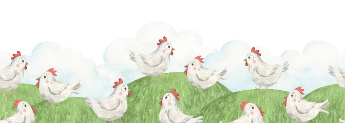 A watercolor seamless border with cute chickens on a lawn. A seamless agricultural-themed pattern for packaging, printing, textiles, and interior design. © Anna Bastron