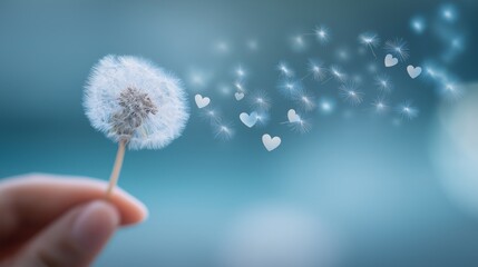 Fototapeta premium Hand holding dandelion blowing heart seeds. Human hand holding a dandelion while seeds with heart shapes are floating in the air against a soft blue background