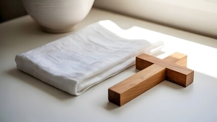 Simple wooden cross with white fabric on white surface &ndash; Great for modern religious prints, church identity, or purity concepts.