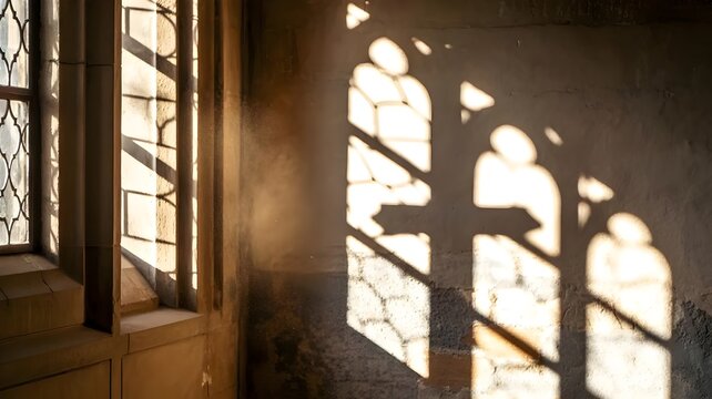 Sunlight through church window forming a cross &ndash; Great for worship background visuals, abstract religion, or interior stone textures.