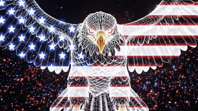 Symbolic eagle hologram projection with american flag wings and red glowing eyes, cinematic laser lights beams creating abstract pattern on dark background