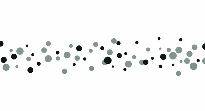 Abstract horizontal dot pattern vector illustration. Scattered black and gray circles forming a central band. Minimalist geometric design isolated on white background