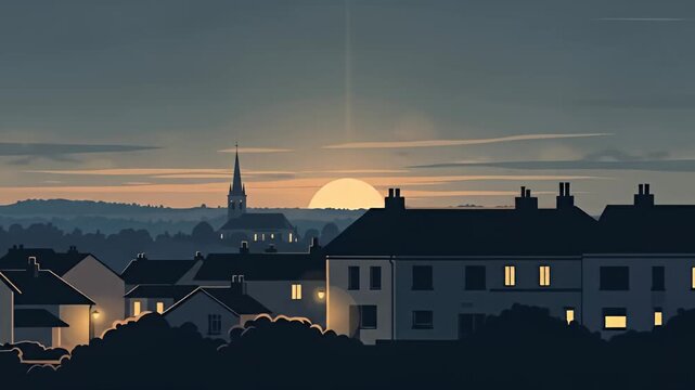 Evening cityscape with a church spire at sunset, with rows of houses and glowing windows