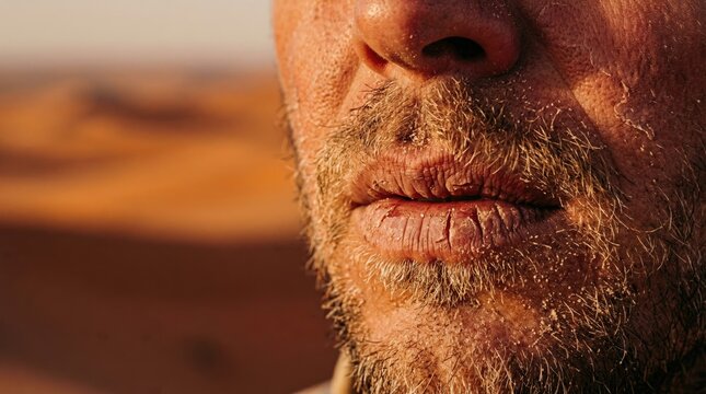 Close up of man with severe chapped cracked lips in the dry desert