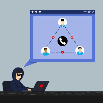 Hacker spying on phone call network via laptop and blocking communication between users, symbolizing cyber attack, data interception and online security breach.
