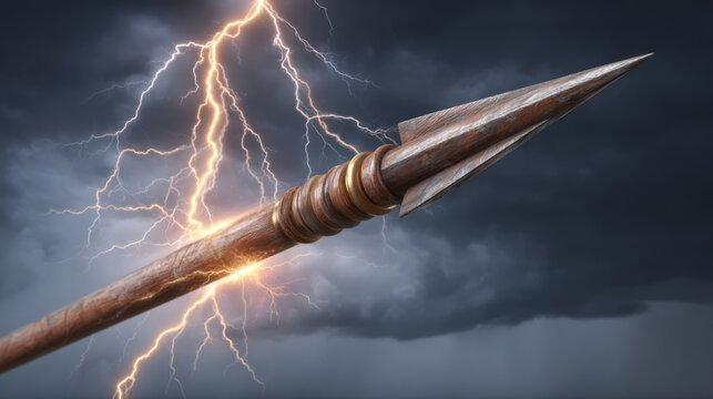 Ancient Javelin Charged with Powerful Lightning in a Dark Stormy Sky