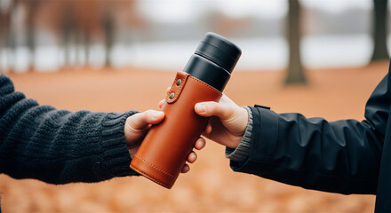 Naklejka premium Leather thermos flask passed between two hands, insulated travel mug in autumn park, hot drink container for outdoor hiking