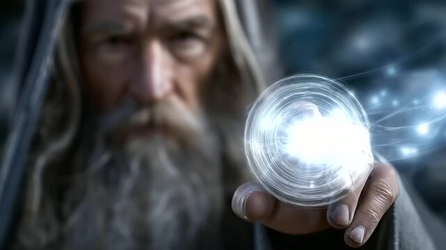 Digital creative collage faceless old wise wizard doing spell, defocused mystical background, ancient sorcerer, supernatural casting, fantasy magic, arcane powers, with copy space