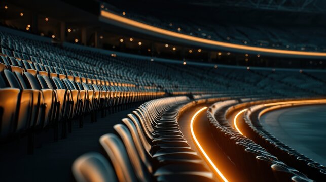 Illuminated stadium seating arranged in geometric patterns under dramatic lighting creating an atmosphere of anticipation for an event