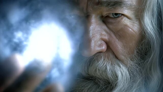 Digital creative collage faceless old wise wizard doing spell, defocused mystical background, ancient sorcerer, supernatural casting, fantasy magic, arcane powers, with copy space