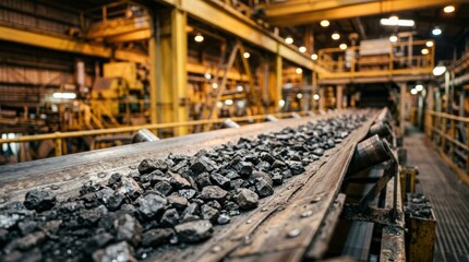 Close-up of a conveyor belt transporting black coal rocks inside a heavy industrial processing plant or mining facility with yellow steel structures and lights in the background.