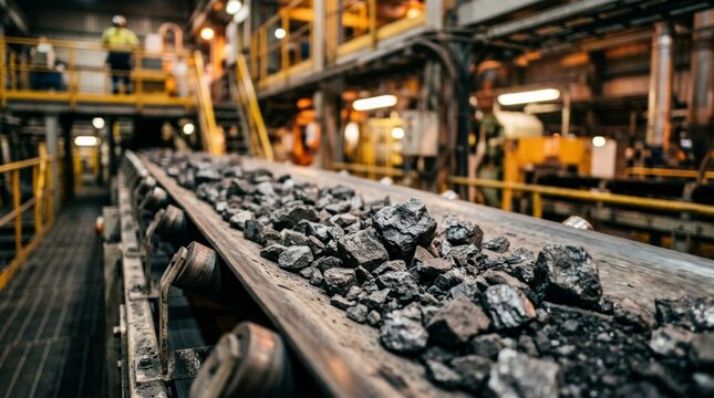 Raw coal moving on a heavy-duty conveyor belt in a large industrial processing plant, representing energy production and mineral extraction.