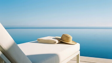 Fototapeta premium Sun hat towel on lounger by infinity pool with ocean view, serene summer relaxation scene