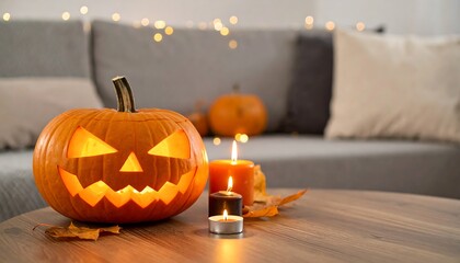 Obraz premium Spooky Jack O Lantern Halloween Pumpkin with Candles on Table.