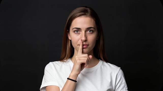 Woman Holding Finger to Lips in Silent Gesture Against Dark Background for Confidentiality or Secrecy Concept