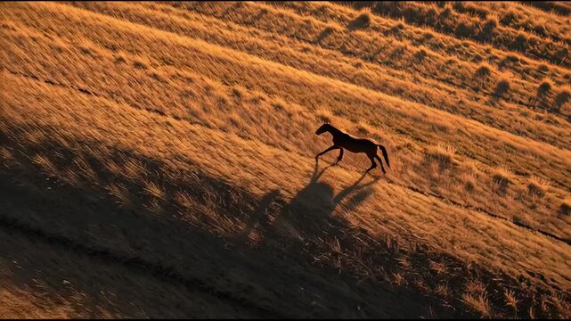 horse in open land aerial bird view at golden hour sunset nature landscape concept