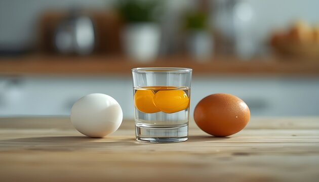 A glass of water with egg yolks and two whole eggs on a wooden kitchen counter
