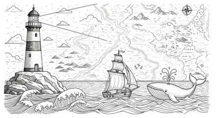 Vintage nautical scene with lighthouse, ship, and whale © Hamna
