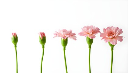 Fototapeta premium A row of pink flowers in various stages of bloom against a white background