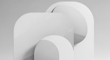Abstract Geometric Composition of White Curved Shapes and Shadows on a Light Gray Background