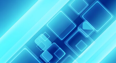 Abstract Geometric Composition with Diagonal Elements and Glowing Rectangular Shapes on Blue Background