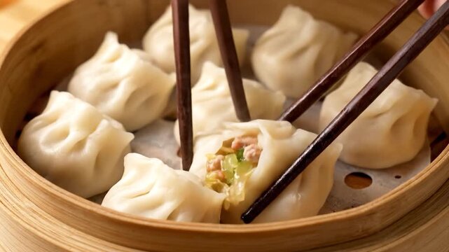 Close-up of hands making delicious dumplings in a traditional kitchen setting.